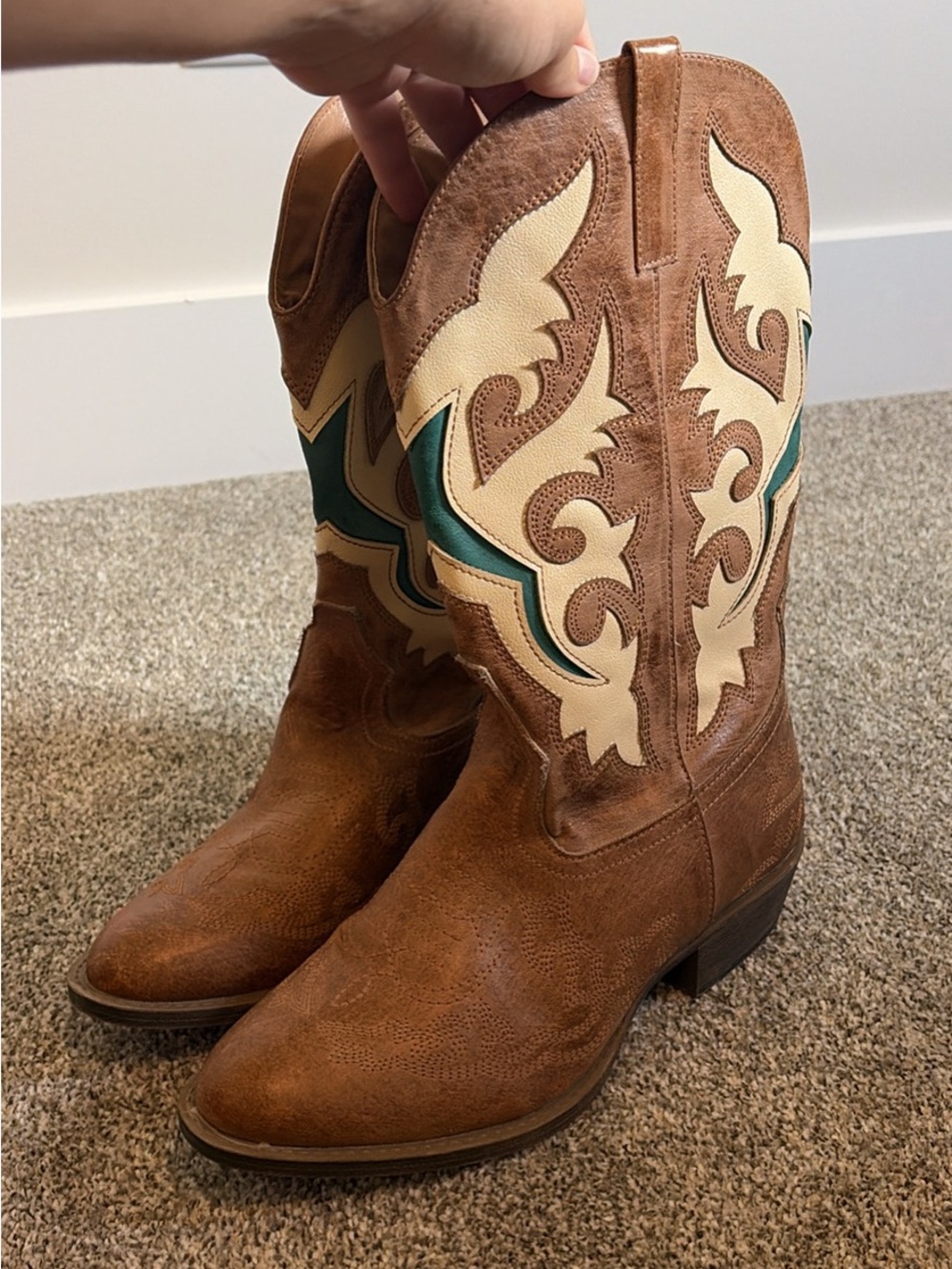 Brown and Cream Western Cowboy Boots with Teal Accent